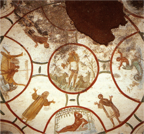 Good Shepherd with scenes from Old Testament story of Jonah, Catacomb of Saints Peter and Marcellinus.