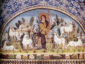 Jesus as the Good Shepherd, mosaic, 5th c. Galla Placidia Mausoleum, Ravenna, Italy.