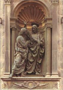 Christ and St. Thomas by Andrea del Verrocchio, Bronze sculpture, Orsanmichele, Florence, Italy