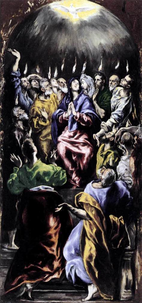Pentecost by El Greco (and workshop) ca.1600, oil on canvas 275 cm x 127 cm, Museo Nacional del Prado, Madrid.