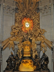 Throne of St. Peter with Holy Spirit window, Bernini, bronze, gilded stucco, marble, stained glass, St. Peter's Basilica, Vatican, Rome.