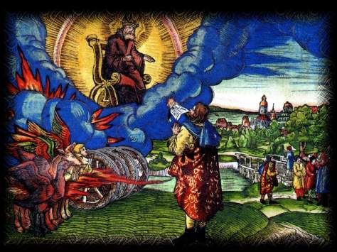 Colored woodcut illustration of Ezekiel's vision by the workshop of Lucas Cranach for the Luther Bible, 1534
