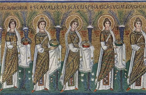 Basilica of Sant'Apollinare Nuovo in Ravenna, Italy: "Procession of the Holy Virgins and Martyrs". Mosaic of a Ravennate italian-byzantine workshop, completed within 526 AD by the so-called "Master of Sant'Apollinare".