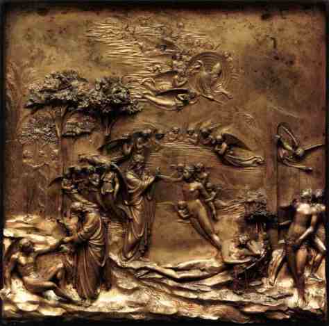 Creation of Adam and Eve from Gate of Paradise, Lorenzo Ghiberti, 1425-52, gilded bronze Baptistry, Florence