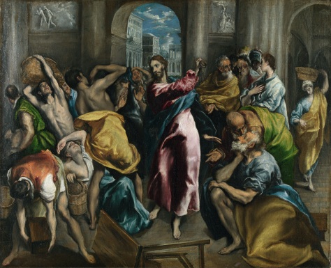 Christ driving the Traders from the Temple, El Greco, circa 1600, oil on canvas,106.3 × 129.7 cm (41.9 × 51.1 in)