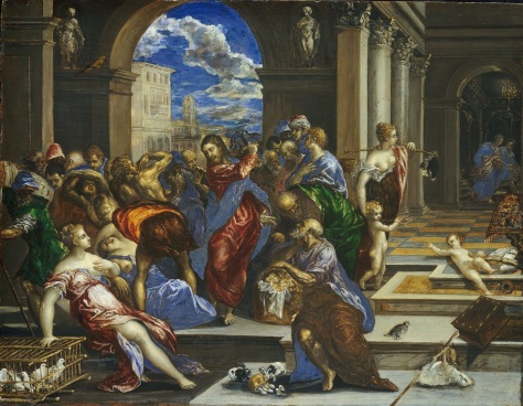 Christ cleansing the Temple, El Greco, probably before 1570, oil on poplar wood,Height: 65.4 cm (25.7 in). Width: 83.2 cm (32.8 in)., National Gallery of Art, Washington DC
